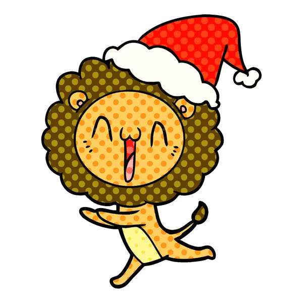 Happy comic style illustration of a lion wearing santa hat — стоковый вектор