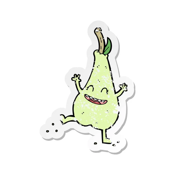 Retro Distressed Sticker Cartoon Happy Dancing Pear — Stock Vector