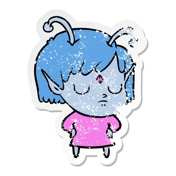 Verontruste sticker van een cartoon buitenaardse meisje — Stockvector