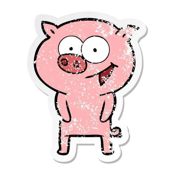 Verontruste sticker van een vrolijke varken cartoon — Stockvector