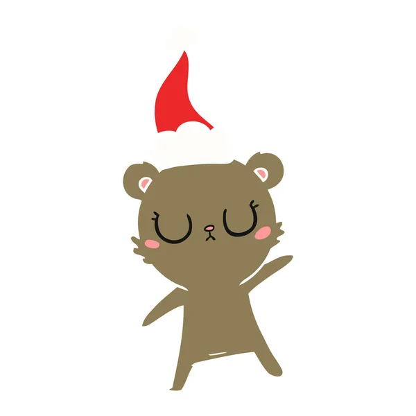 Peaceful Hand Drawn Flat Color Illustration Bear Wearing Santa Hat — Stock Vector