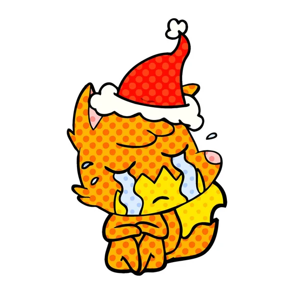 哭狐狸手绘漫画书样式例证佩带圣诞老人帽子 — 图库矢量图片