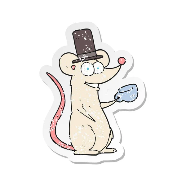 Ρετρό αναξιοπαθούντα αυτοκόλλητο από ένα ποντίκι καρτούν με φλυτζάνι τσαγιού — Διανυσματικό Αρχείο