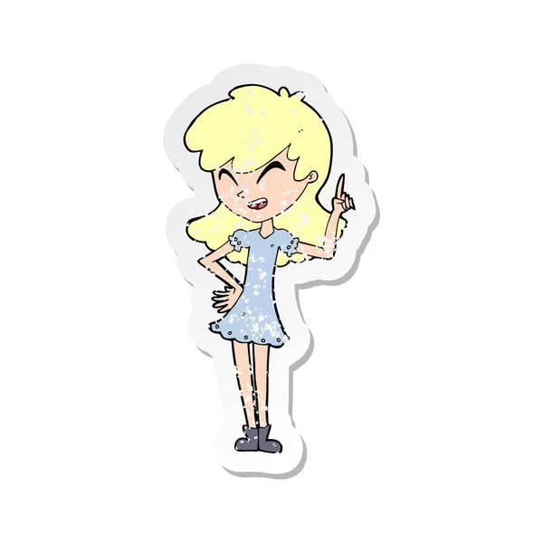 Retro distressed sticker of a cartoon girl making point — Stock Vector