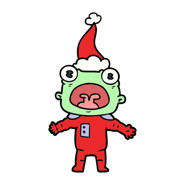 Dibujo Línea Dibujada Mano Extraño Alienígena Comunicándose Usando Sombrero Santa — Vector de stock