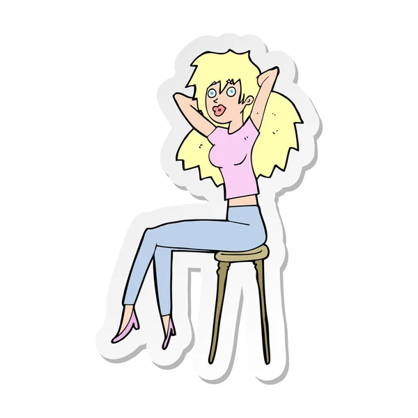 Sticker of a cartoon woman posing on stool — Stock Vector