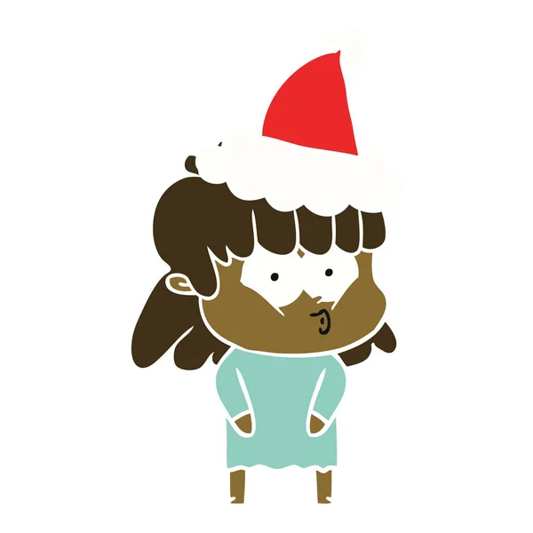 Hand Drawn Flat Color Illustration Whistling Girl Wearing Santa Hat — Stock Vector