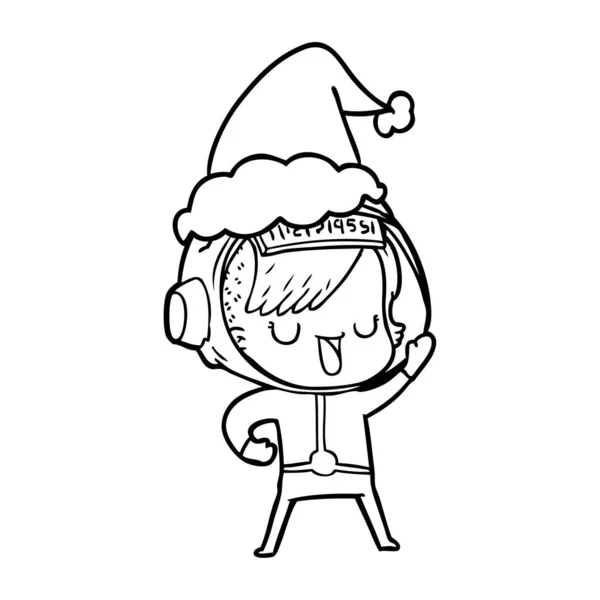 Hand Drawn Line Drawing Astronaut Woman Wearing Santa Hat — Stock Vector
