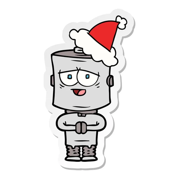 Handgezeichnete Sticker Karikatur Eines Roboters Mit Weihnachtsmütze — Stockvektor