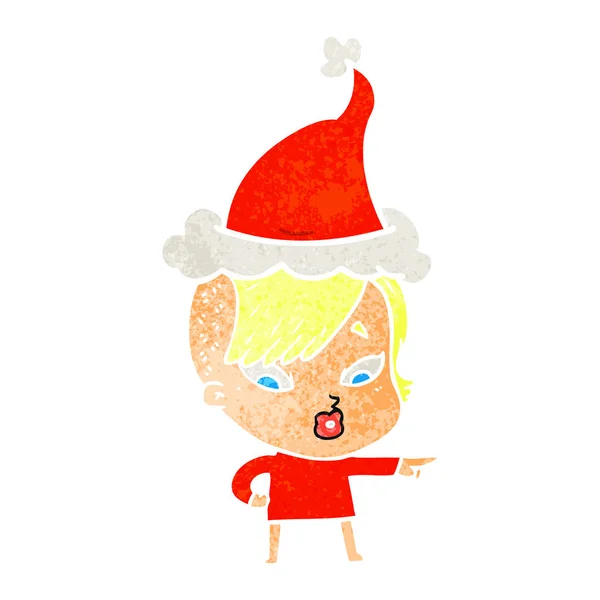 サンタの帽子を身に着けているを指して驚いて女の子のレトロな漫画 — ストックベクタ