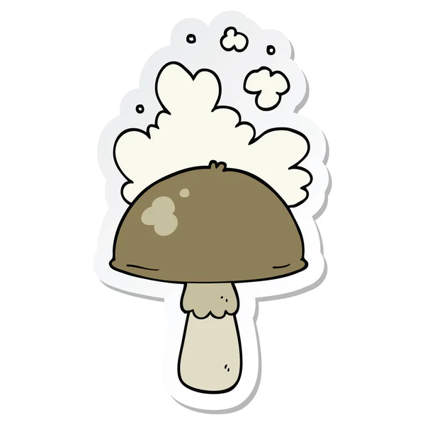 Sticker of a cartoon mushroom with spore cloud — Stock Vector