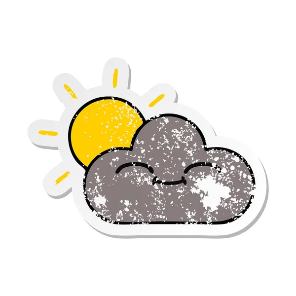 Pegatina angustiada de una linda nube de tormenta de dibujos animados y sol — Vector de stock