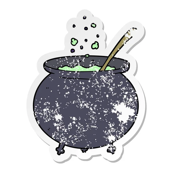 Distressed Sticker Cartoon Witch Cauldron — Stock Vector