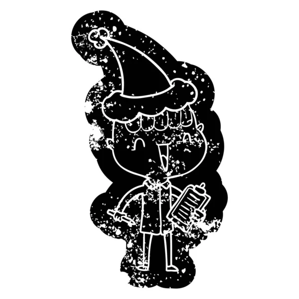 Skurrile Karikatur Verzweifelte Ikone Eines Glücklichen Jungen Überrascht Mit Weihnachtsmann — Stockvektor