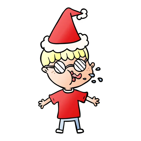 手绘梯度卡通一个男孩戴眼镜戴圣诞老人帽子 — 图库矢量图片