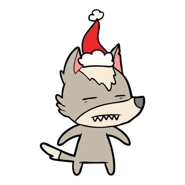 Çizim için Noel Baba şapkası giyen diş gösterilen kurt — Stok Vektör