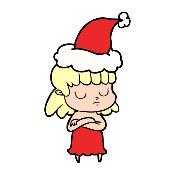 Line drawing of a indifferent woman wearing santa hat — Stock Vector