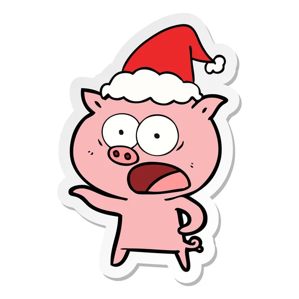 手绘贴纸卡通猪大喊戴圣诞老人帽子 — 图库矢量图片
