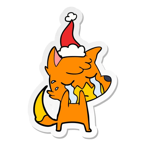 Crying Fox Hand Drawn Sticker Cartoon Wearing Santa Hat — Stock Vector