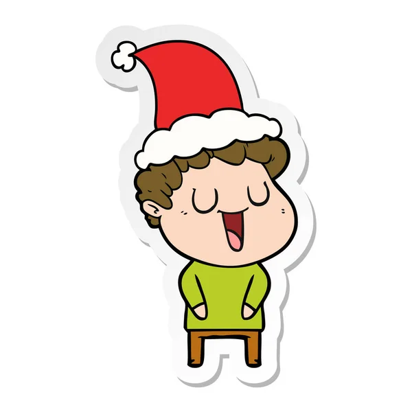 Skrattande Hand Dras Klistermärke Cartoon Man Klädd Santa Hatt — Stock vektor