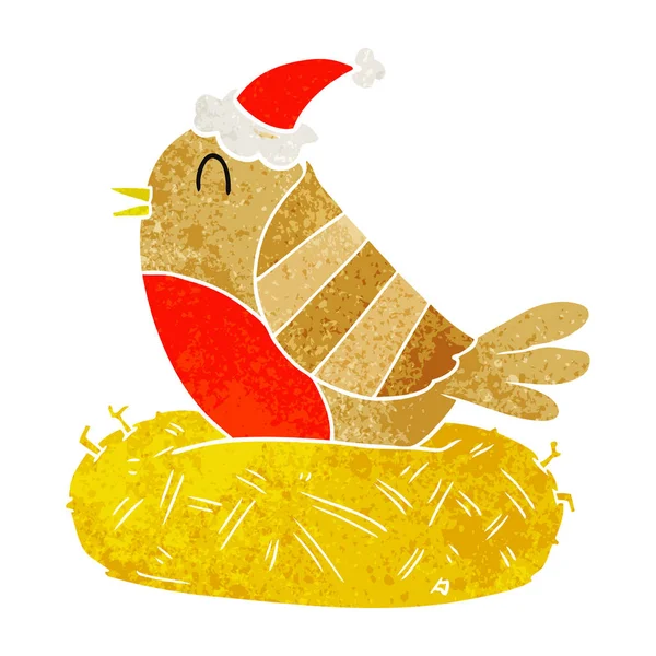 Hand Drawn Retro Cartoon Bird Sitting Nest Wearing Santa Hat — Stock Vector