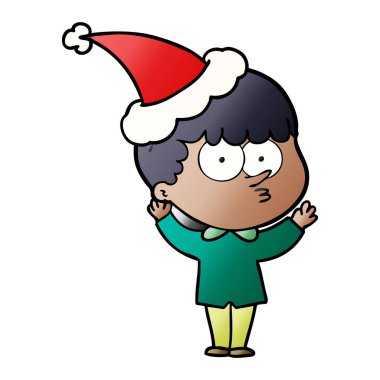 Noel Baba şapkası giyen meraklı bir çocuk, degrade çizgi film el çekilmiş