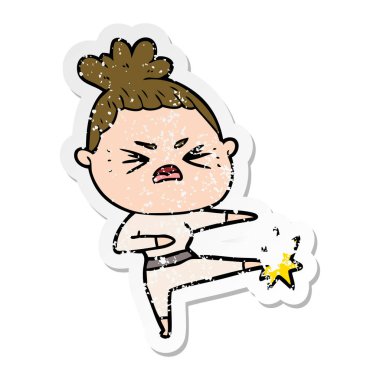 bir çizgi film kızgın kadının sıkıntılı etiket