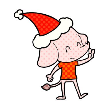 Noel Baba şapkası giyen bir fil çizgi roman tarzı çizimi şirin el çekilmiş
