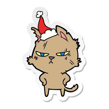 sert etiket karikatür Noel Baba şapkası giyen bir kedi