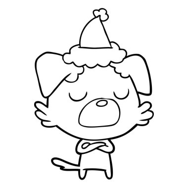 Noel Baba şapkası giyen bir köpek çizim için el çekilmiş