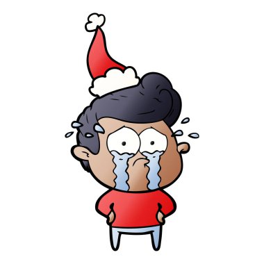 ağlayan bir adam Noel Baba şapkası giyiyor, degrade çizgi film el çekilmiş