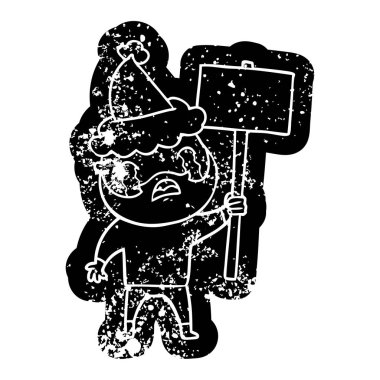 sakallı bir protestocu giyen Noel Baba şapkası ağlıyor ilginç karikatür sıkıntılı simgesi