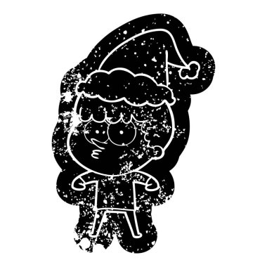 Noel Baba şapkası giyen meraklı bir çocuk ilginç karikatür sıkıntılı simgesi