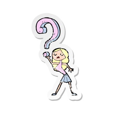 bir soru ile bir çizgi film kız Retro sıkıntılı etiket