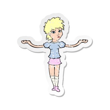 bir çizgi film kadının omuzlarında shrugging Retro sıkıntılı etiket