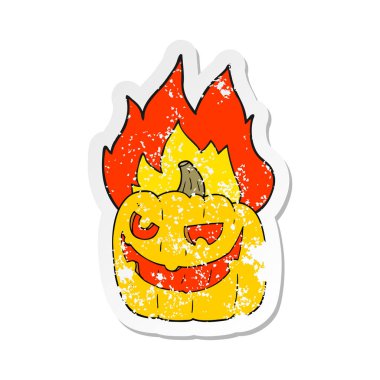 Cadılar Bayramı Balkabağı yanan bir karikatür etiket Retro sıkıntılı