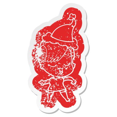 mutlu çizgi film etiketi santa şapka giymiş bir kızın sıkıntılı