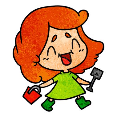 kova ve spade ile şirin kawaii kızın serbest el çekilmiş dokulu çizgi film