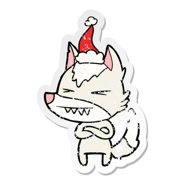 kızgın kurt el sıkıntılı etiket karikatür giyen Noel Baba şapkası, çekilmiş