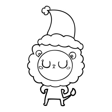 çizim için Noel Baba şapkası giyen aslan el çekilmiş