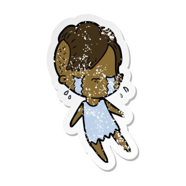 bir çizgi film ağlayan kızın sıkıntılı etiket