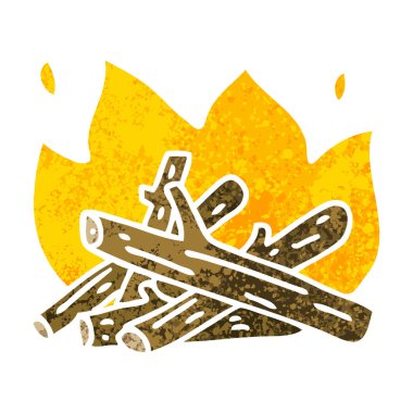 Retro illüstrasyon stil ilginç çizgi film kamp ateşi