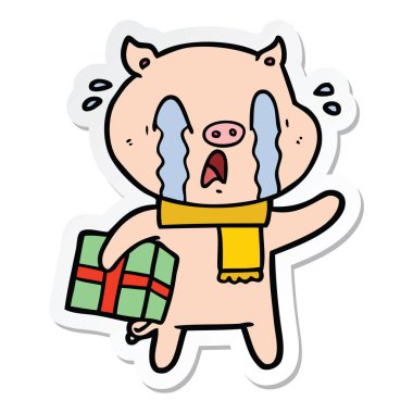 Noel hediyesi teslim ağlayan bir domuz çizgi film etiketi