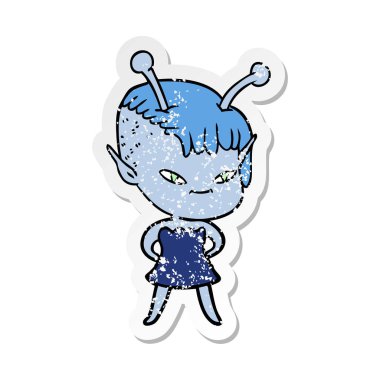 bir sevimli çizgi uzaylı kızın sıkıntılı etiket