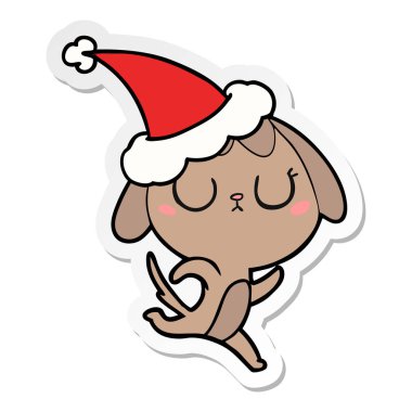 etiket karikatür Noel Baba şapkası giyen bir köpek sevimli el çekilmiş