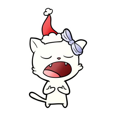 bir kedi Noel Baba şapkası giyen meowing, çizilmiş degrade çizgi film el