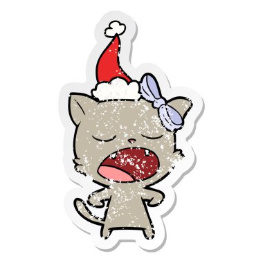 sıkıntılı etiket karikatür Noel Baba şapkası giyen bir esneme kedi