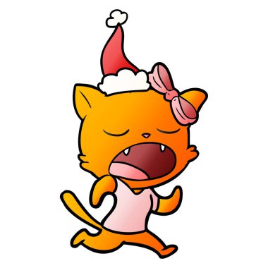 Noel Baba şapkası giyen bir esneme kedi degrade çizgi film