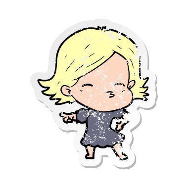 işaret eden bir çizgi film kadının sıkıntılı etiket