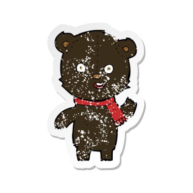 bir çizgi film sallanan siyah ayı yavrusu eşarp ile Retro sıkıntılı etiket